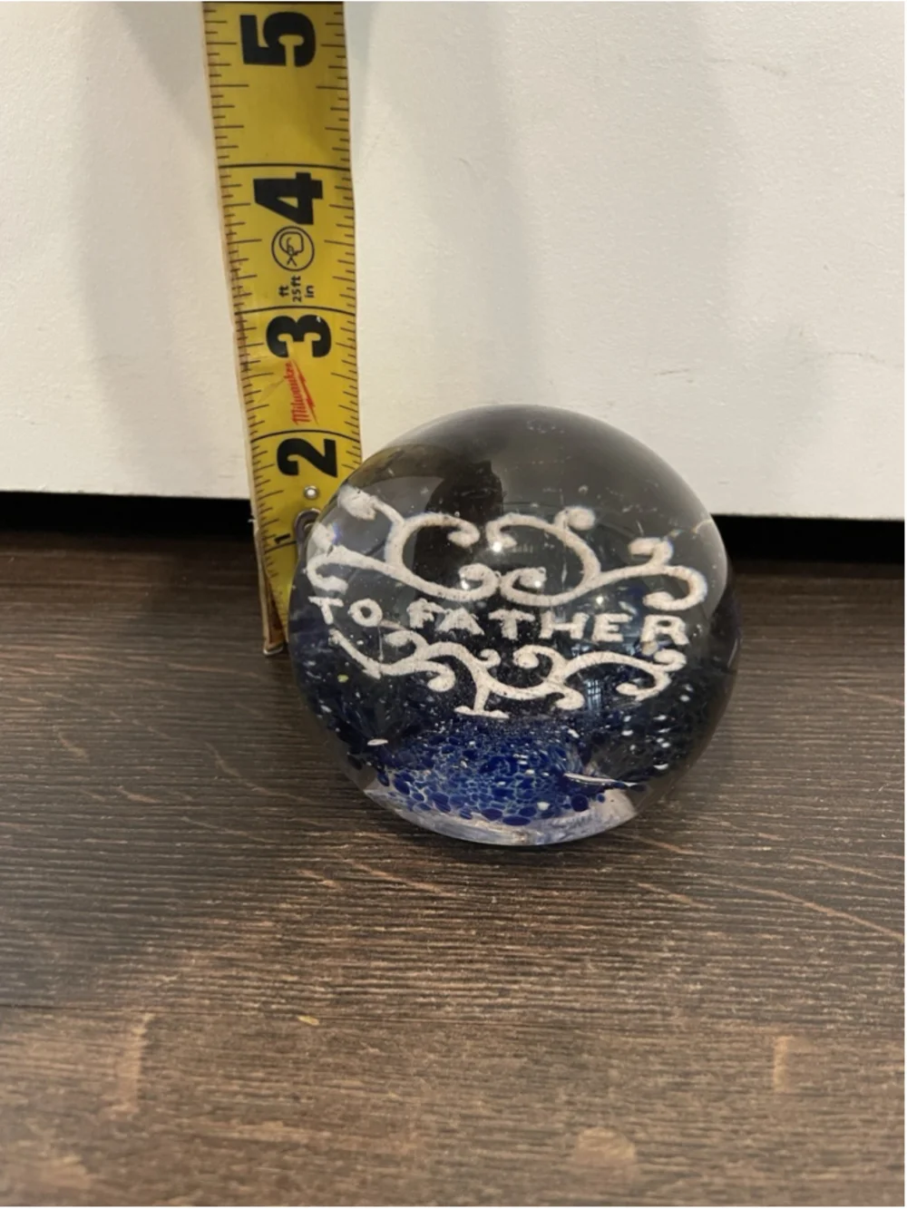 Hand Blown Art Glass Paperweight Vintage To Father Blue Bubbles